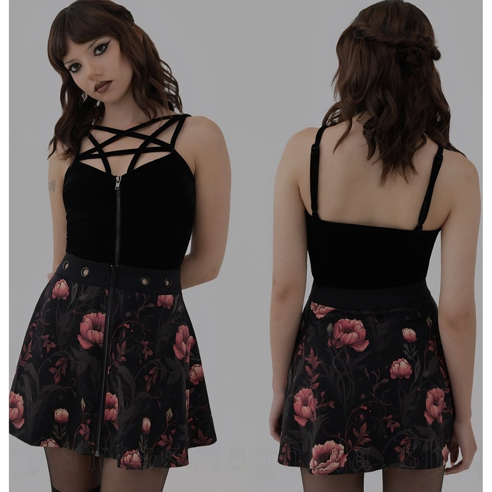 Killstar Cottage Chorus Dark‎ Floral Grommet Zip Front Skirt Black Pink Goth XL